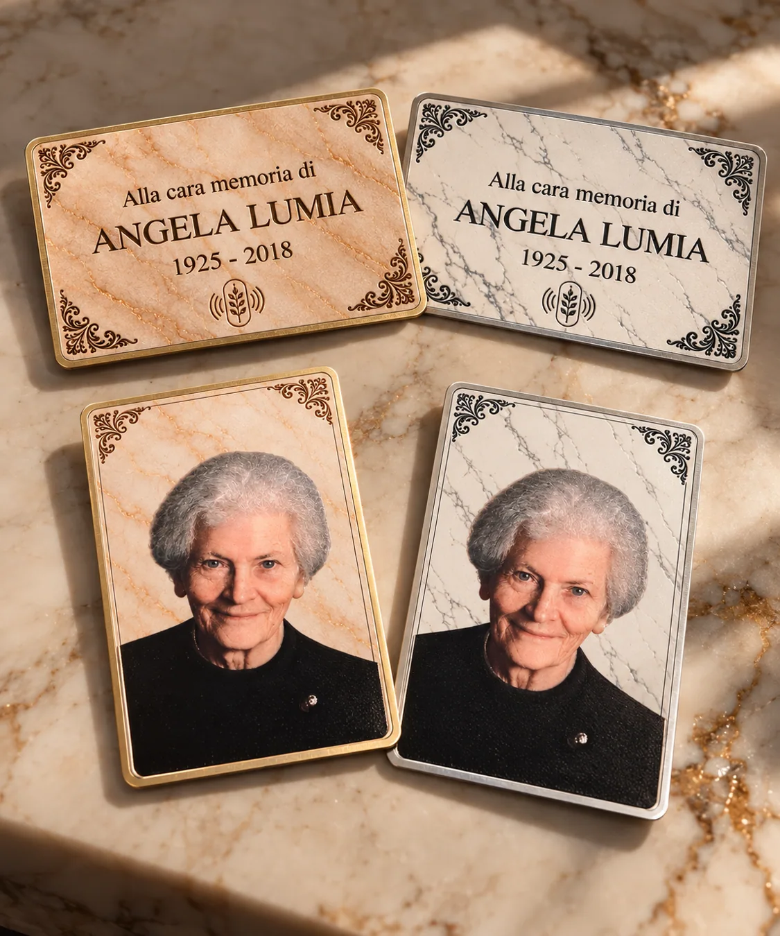 Personalized memorial cards in gold and silver finishes, front and back.